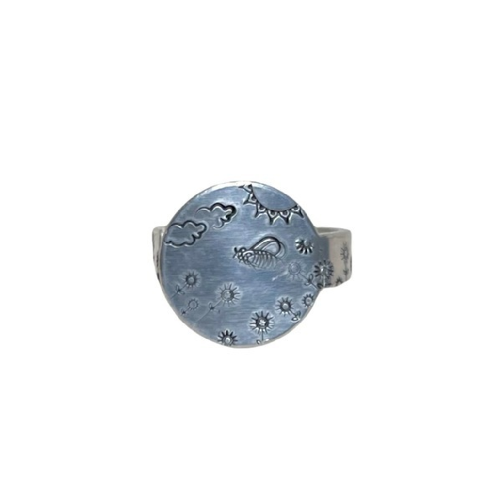 Handmade 9 stamped boho floral silver adjustable hypoallergenic medallion‎ ring
